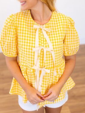 Sunny Yellow Gingham Tie-Front Blouse